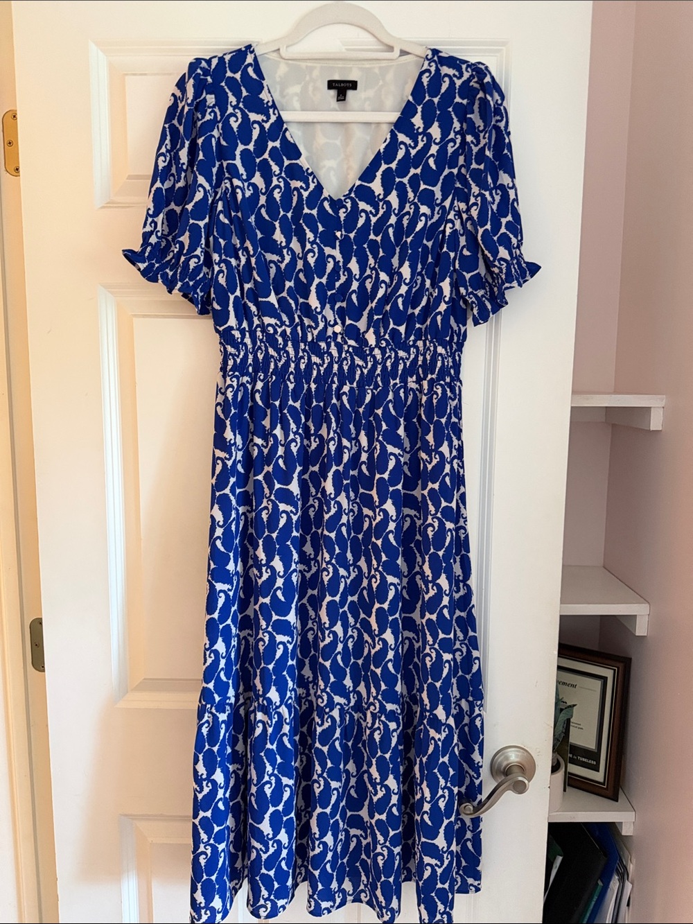 Talbots Royal Blue and White Printed V-Neck Midi Dress - Picture 2 of 6